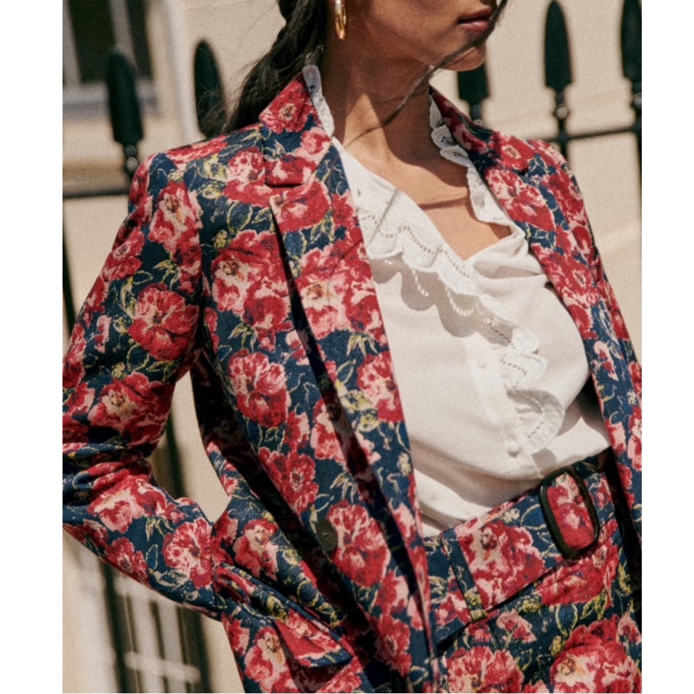SEZANE Red & Navy Floral Jacquard Roses Double Breasted Blazer Christie Jacket 0